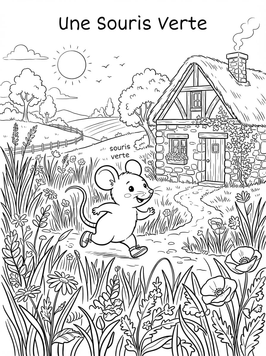 Coloriage La Souris Verte dans l'Herbe