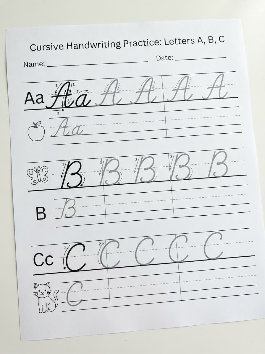 Coloriage Éducatif : Premières Lettres Cursives A, B, C