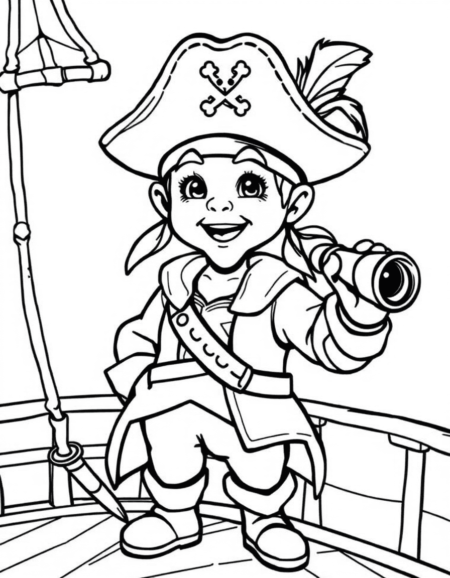 Coloriage Pirate - Jeune capitaine pirate au tricorne à plume tenant une longue-vue et un sabre de bois sur le pont, contours nets.