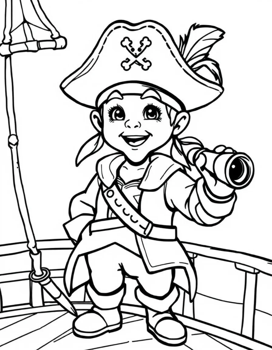 Coloriage Pirate - Jeune capitaine pirate au tricorne à plume tenant une longue-vue et un sabre de bois sur le pont, contours nets.