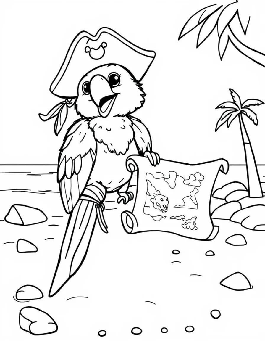 Coloriage Pirate - Perroquet pirate perché sur l'épaule de son capitaine avec une carte au trésor sur une plage de sable, traits nets.