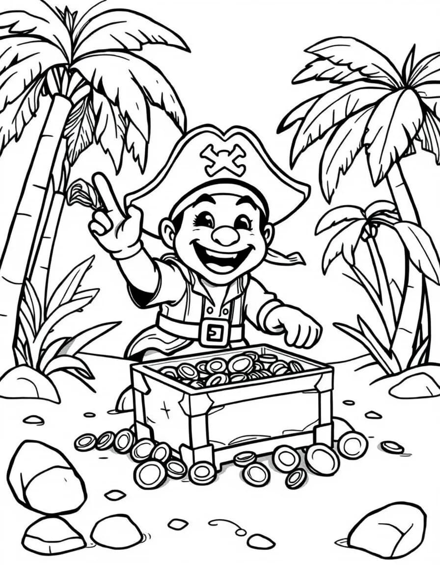 Coloriage Pirate - Pirate joyeux déterrant un coffre au trésor rempli de pièces d'or et de bijoux sous les cocotiers, dessin simple.