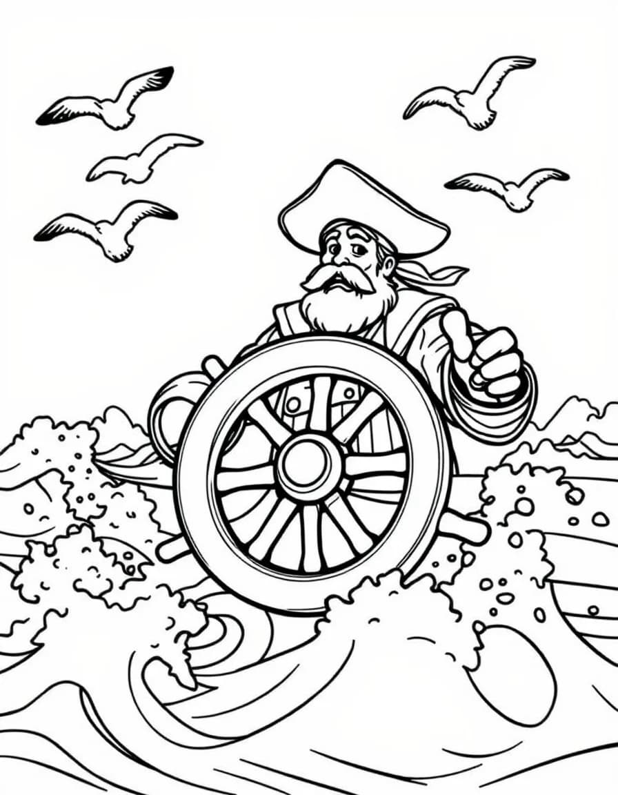 Coloriage Pirate - Capitaine pirate tenant fermement la barre du navire dans les vagues avec des mouettes en vol, contours nets.