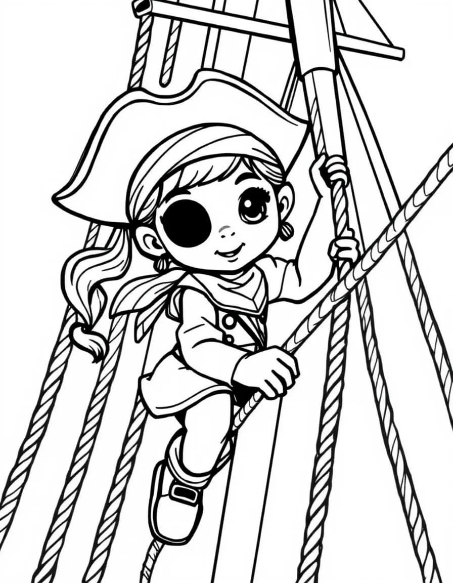 Coloriage Pirate - Petite fille pirate avec bandeau sur l'œil grimpant aux cordages d'un grand voilier, contours nets.