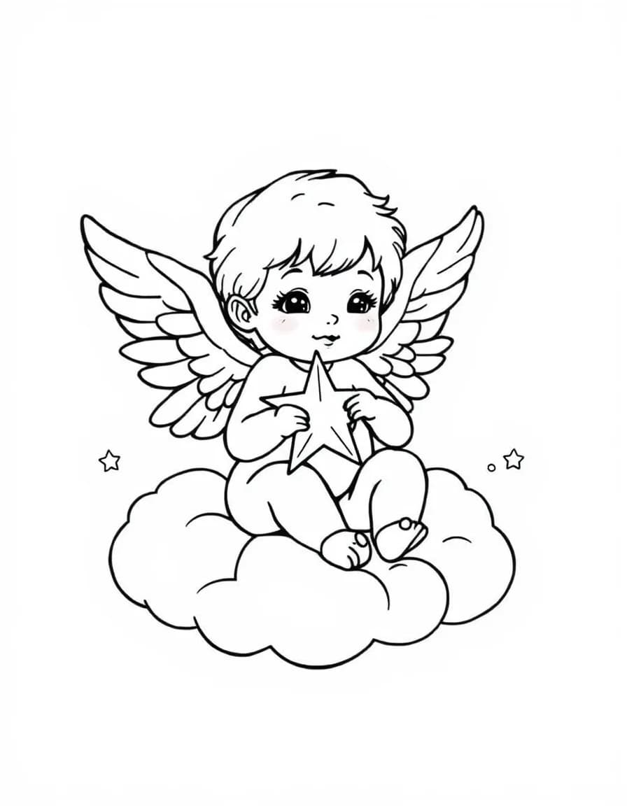 Coloriage Ange - Adorable petit ange aux ailes de plumes douces assis sur un nuage tenant une étoile brillante, contours nets.