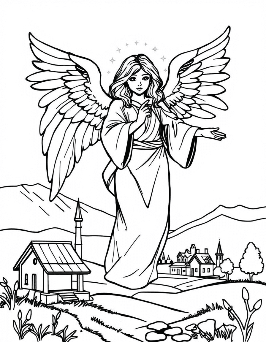 Coloriage Ange - Ange gardien serein déployant ses ailes majestueuses pour protéger un village endormi, traits nets sans ombrage.