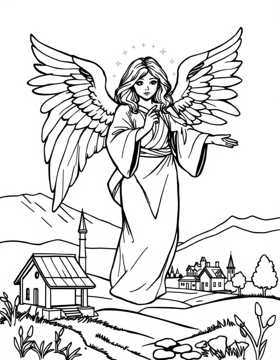 Coloriage Ange - Ange gardien serein déployant ses ailes majestueuses pour protéger un village endormi, traits nets sans ombrage.