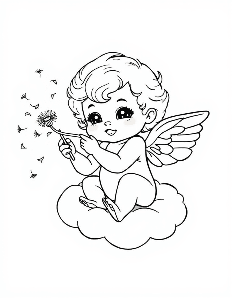 Coloriage Ange - Chérubin espiègle aux cheveux bouclés soufflant sur des aigrettes de pissenlit depuis son nuage, dessin simple.