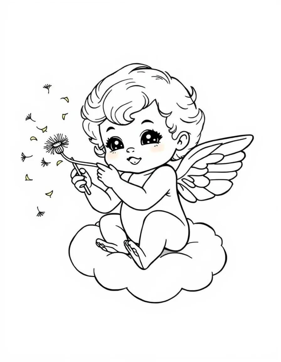 Coloriage Ange - Chérubin espiègle aux cheveux bouclés soufflant sur des aigrettes de pissenlit depuis son nuage, dessin simple.