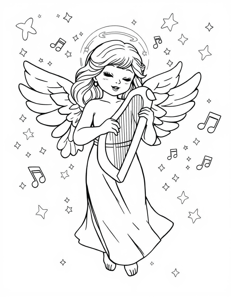Coloriage Ange - Bel ange musicien jouant d'une harpe céleste entouré de notes de musique et d'étincelles, contours bien définis.