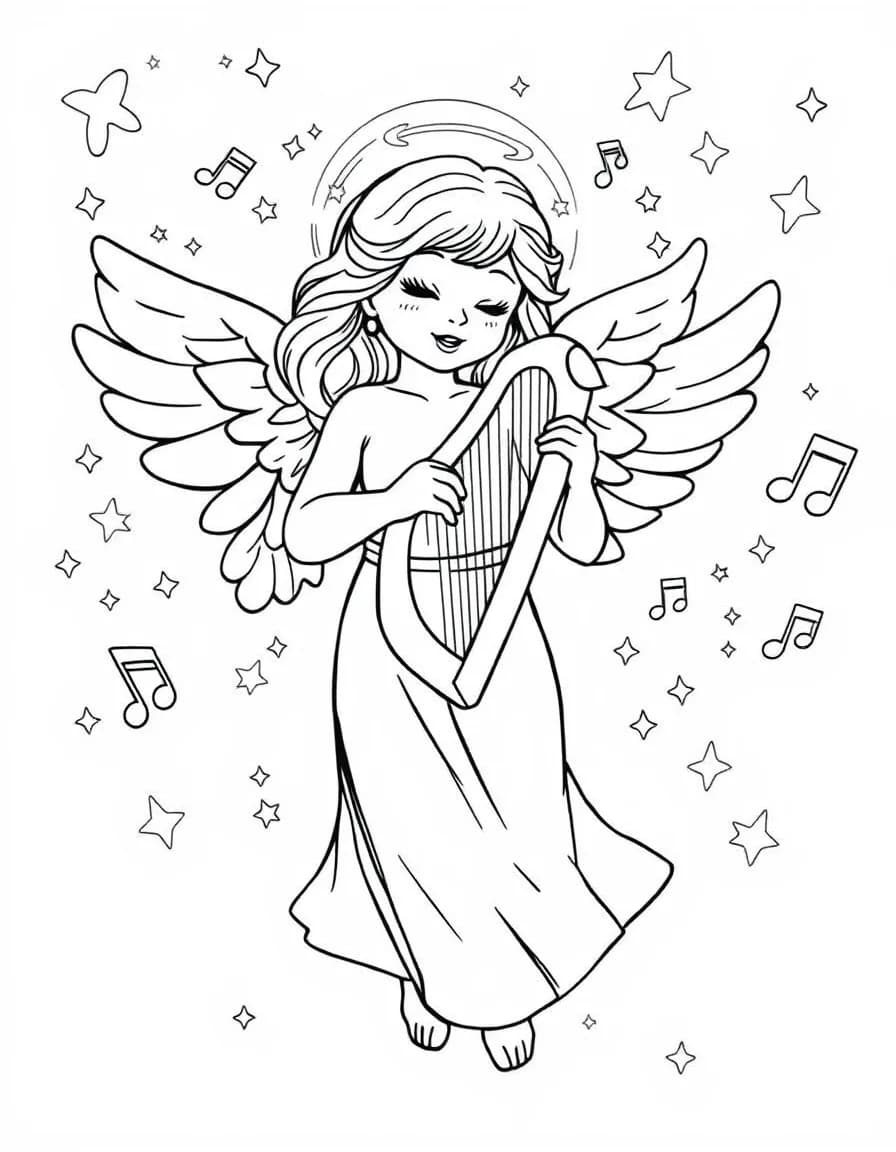 Coloriage Ange - Bel ange musicien jouant d'une harpe céleste entouré de notes de musique et d'étincelles, contours bien définis.