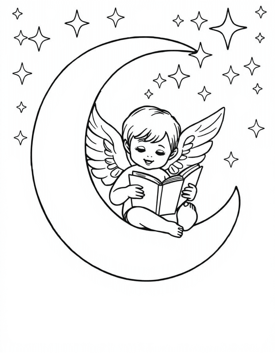 Coloriage Ange - Ange bienveillant assis sur un croissant de lune souriant lisant un livre de contes sous les étoiles, contours nets.