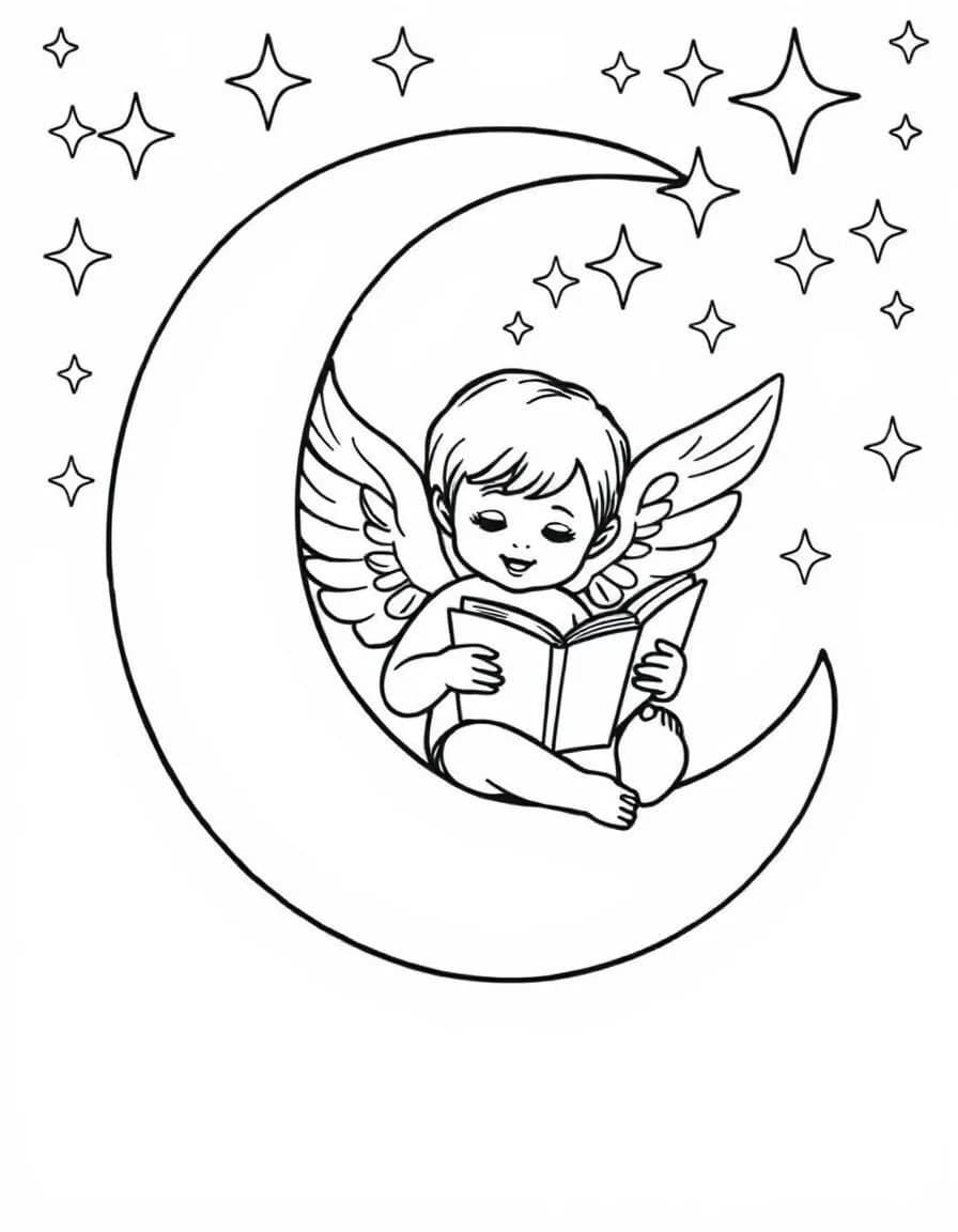 Coloriage Ange - Ange bienveillant assis sur un croissant de lune souriant lisant un livre de contes sous les étoiles, contours nets.