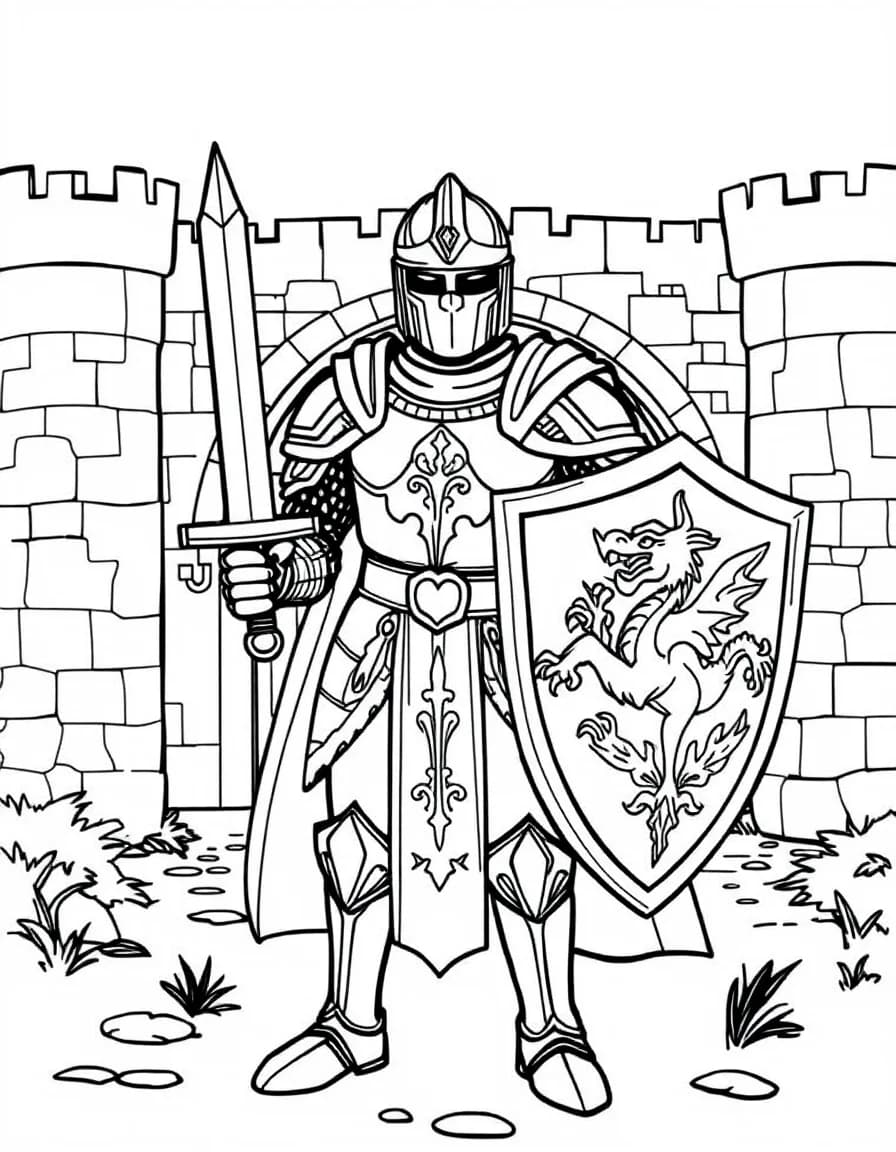 Coloriage Chevalier - Chevalier vaillant en armure étincelante tenant une épée et un bouclier orné d'un dragon devant le château, contours nets.