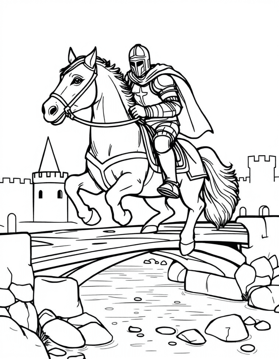 Coloriage Chevalier - Chevalier intrépide galopant sur son fidèle destrier blanc caparaçonné à travers le pont-levis, traits nets.