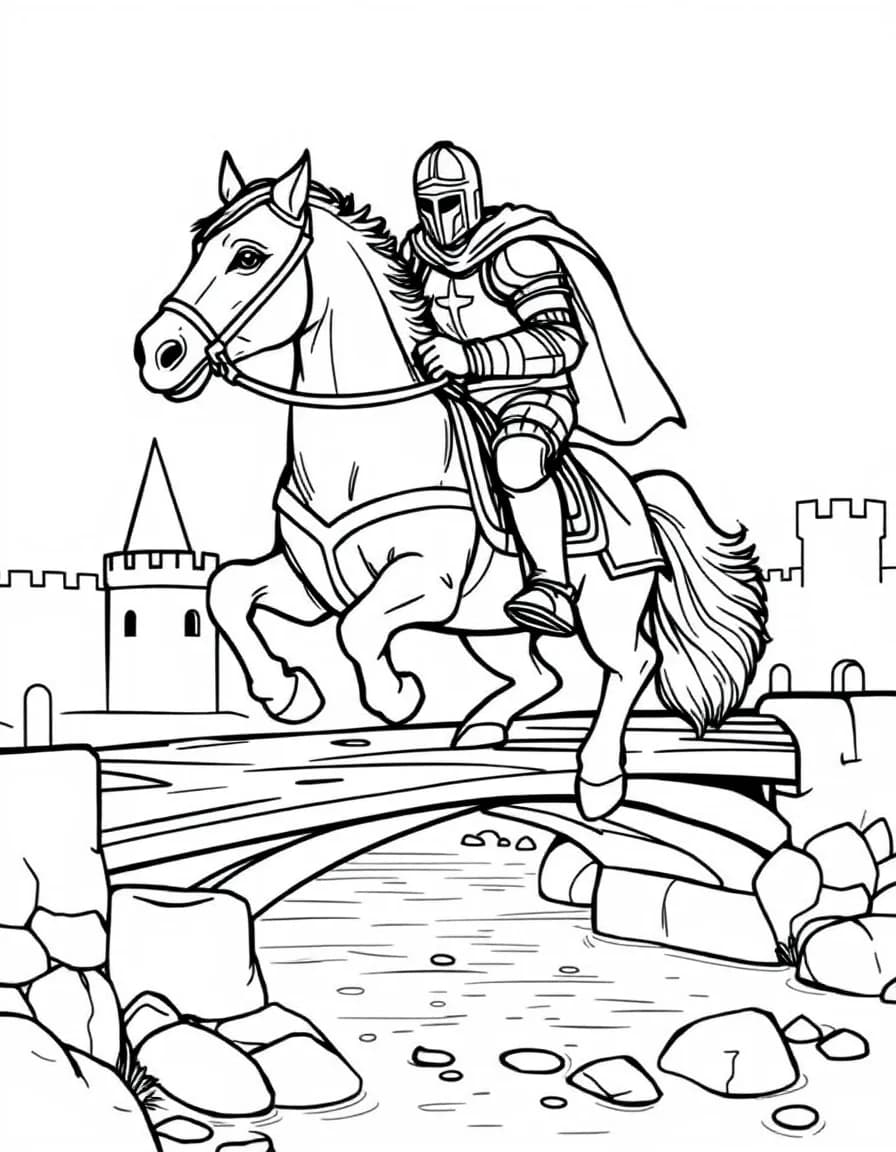 Coloriage Chevalier - Chevalier intrépide galopant sur son fidèle destrier blanc caparaçonné à travers le pont-levis, traits nets.