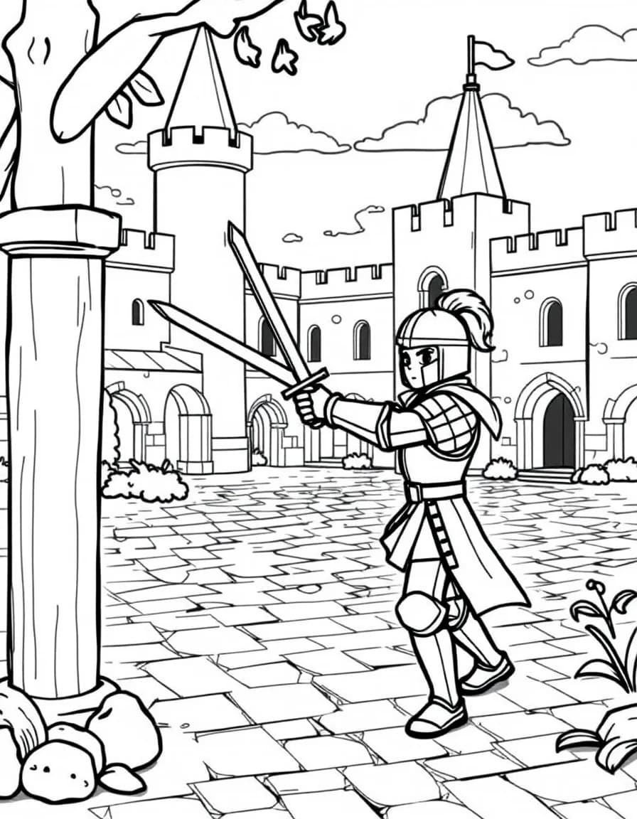 Coloriage Chevalier - Jeune écuyer s'entraînant à l'épée de bois contre un mannequin d'entraînement dans la cour du château, dessin simple.