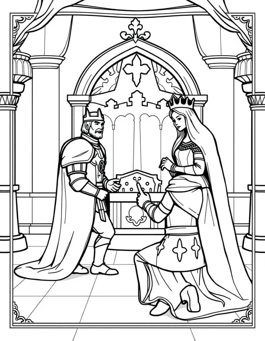 Coloriage Chevalier - Noble chevalier s'agenouillant devant le roi et la reine pour la cérémonie de l'adoubement royal, contours bien définis.