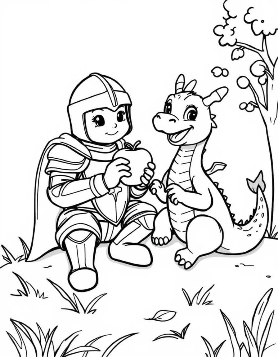 Coloriage Chevalier - Gentil chevalier partageant une pomme avec un petit dragon amical assis sur une colline herbeuse, contours nets.