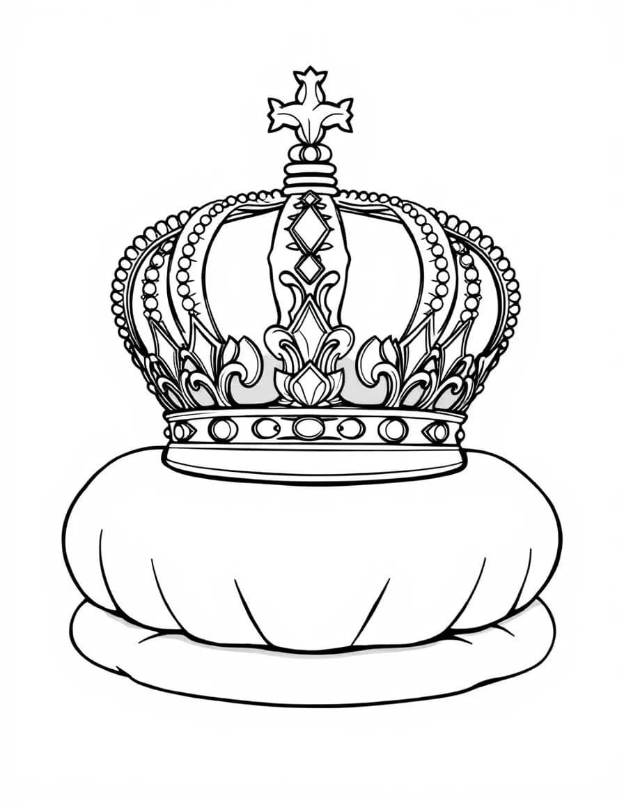 Coloriage Couronne - Couronne impériale majestueuse ornée de perles et de pierres précieuses posée sur un coussin de velours, contours nets.