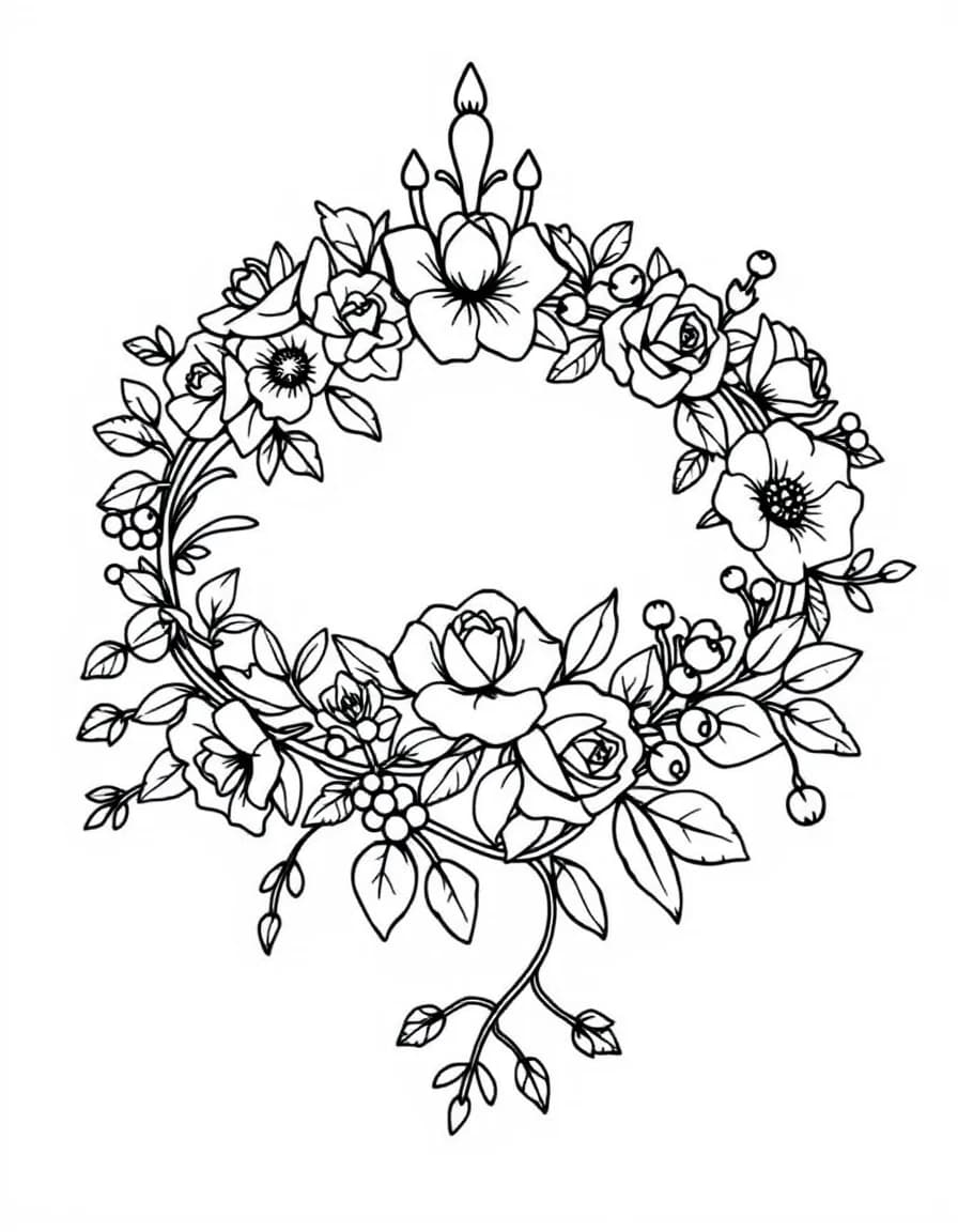 Coloriage Couronne - Diadème féerique de princesse tressé de roses sauvages, lierre grimpant et baies magiques, traits nets sans ombrage.