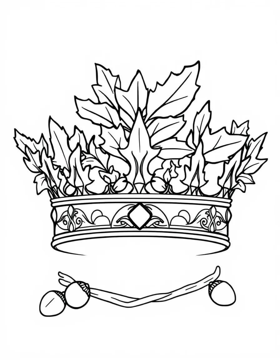 Coloriage Couronne - Couronne de roi de la forêt forgée de feuilles de chêne dorées, glands et entrelacs celtiques, dessin simple.