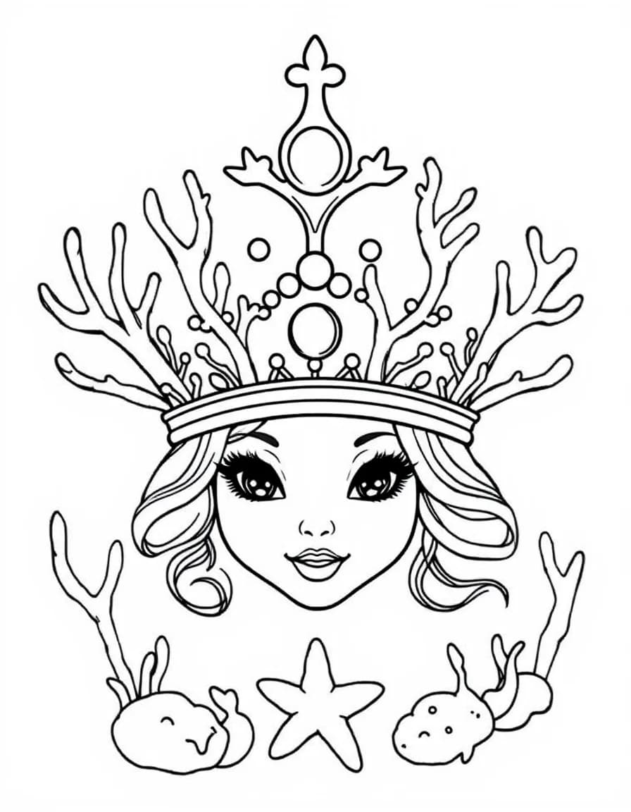 Coloriage Couronne - Couronne de reine des sirènes sculptée dans du corail marin avec perles nacrées et étoiles de mer, contours nets.