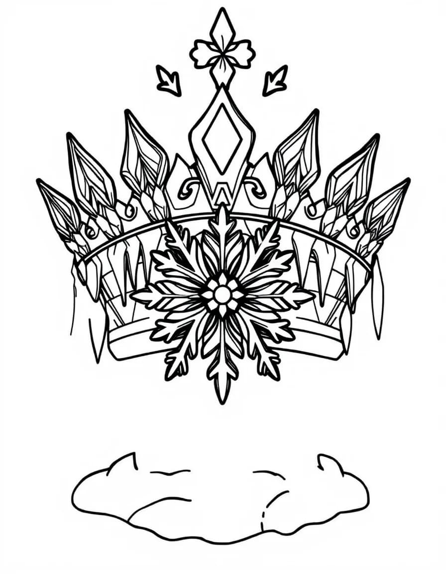 Coloriage Couronne - Couronne de reine des glaces sculptée de stalactites cristallines et de cristaux de flocons géométriques, contours nets.