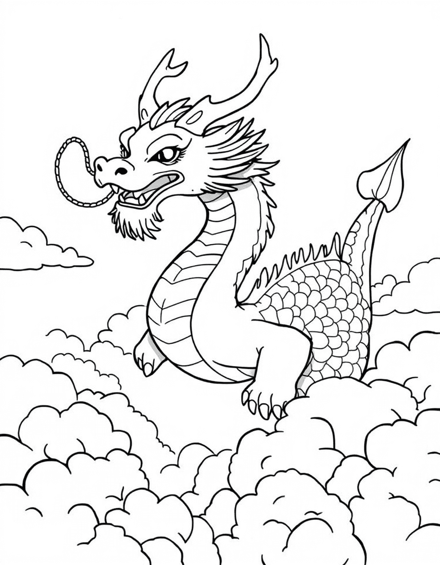 Coloriage Dragon - Dragon oriental sage au long corps sinueux et grandes moustaches ondulant à travers les nuages, dessin simple.