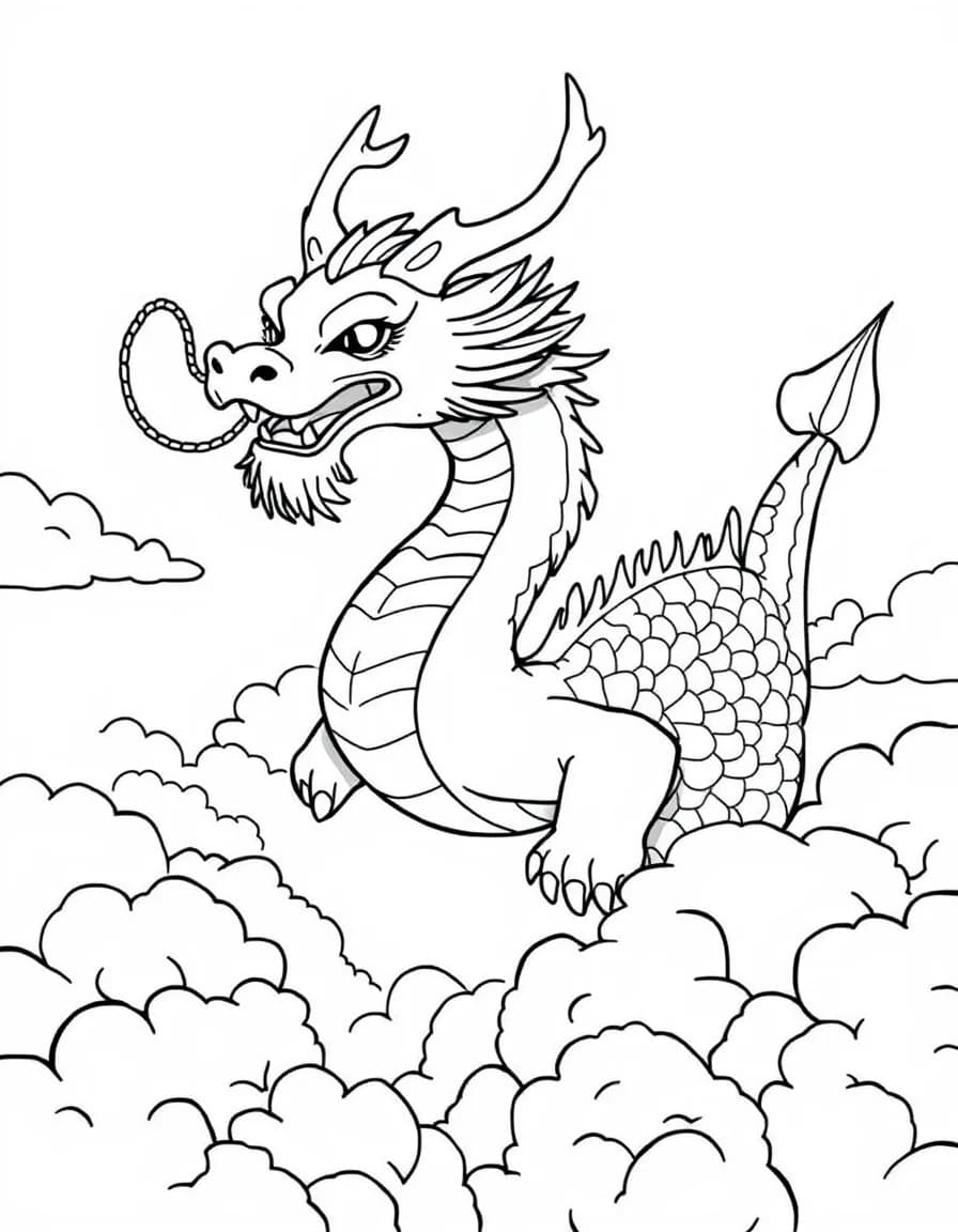Coloriage Dragon - Dragon oriental sage au long corps sinueux et grandes moustaches ondulant à travers les nuages, dessin simple.