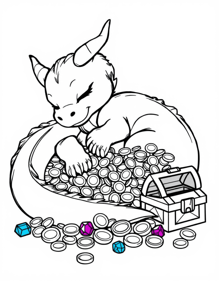 Coloriage Dragon - Gentil dragon endormi enroulé paisiblement autour d'un trésor de pièces d'or et de coffres scintillants, contours nets.