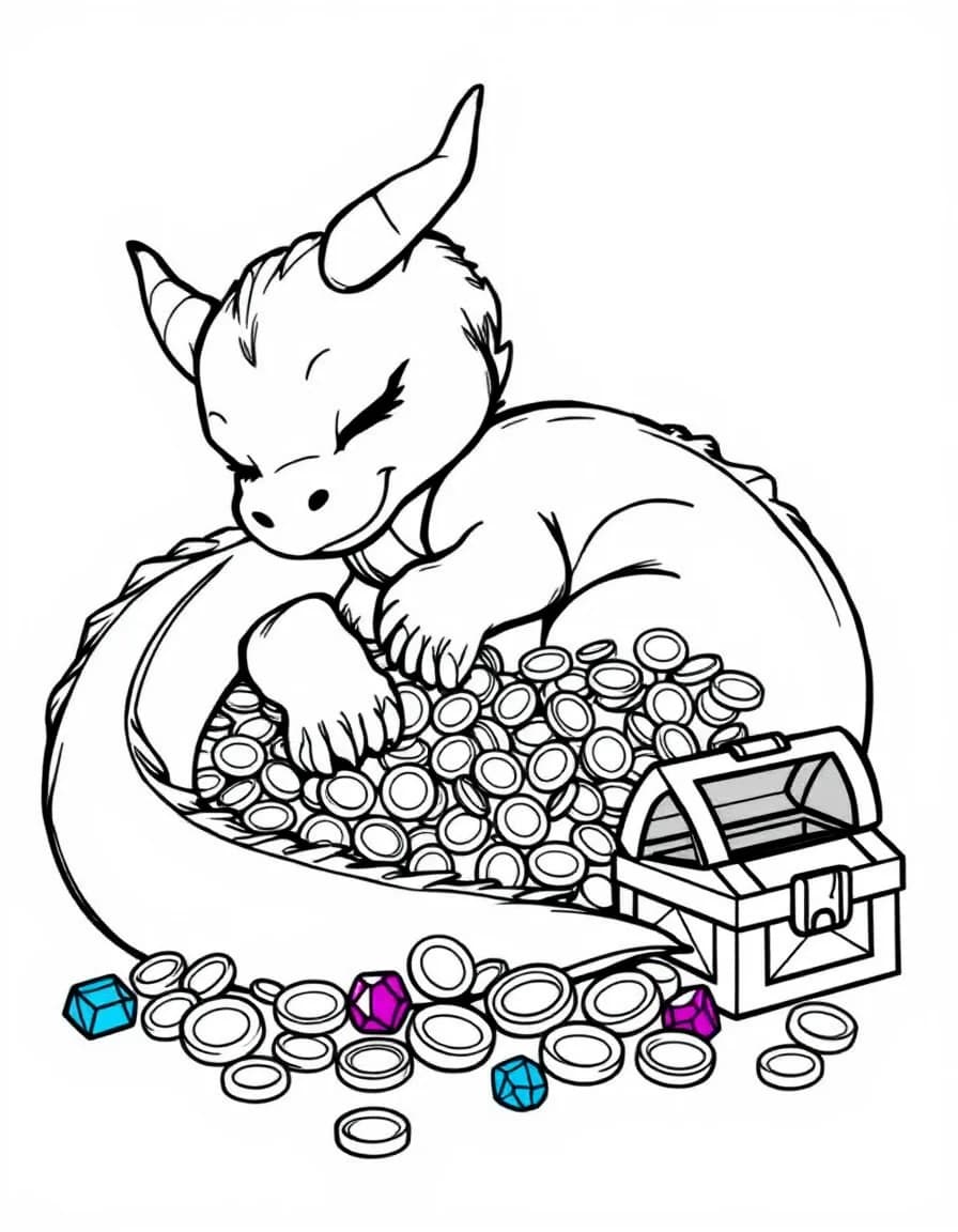 Coloriage Dragon - Gentil dragon endormi enroulé paisiblement autour d'un trésor de pièces d'or et de coffres scintillants, contours nets.