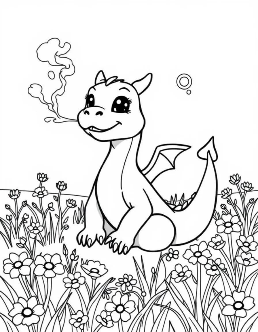 Coloriage Dragon - Dragon joueur soufflant des petits ronds de fumée amusants dans un pré parsemé de fleurs sauvages, contours nets.
