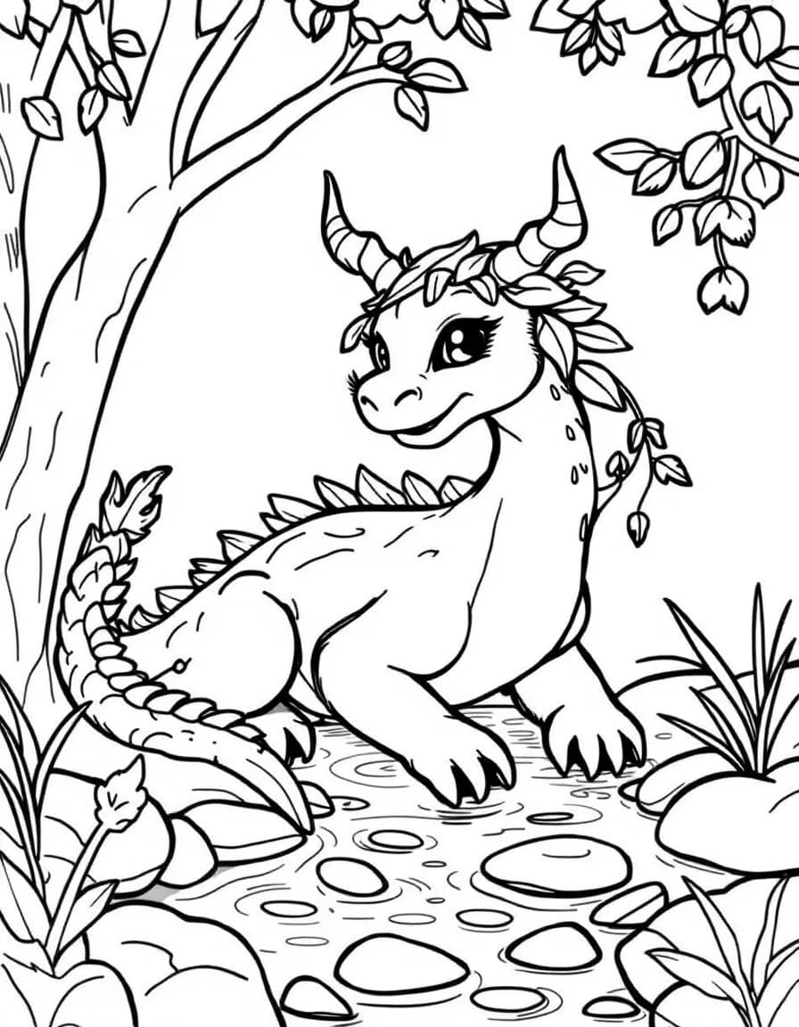 Coloriage Dragon - Dragon de la forêt aux écailles en feuilles et cornes de lierre buvant dans un ruisseau scintillant, traits nets.