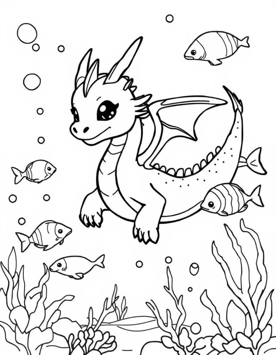 Coloriage Dragon - Dragon des mers aux ailes palmées nageant dans les vagues de l'océan avec de petits poissons, style facile.