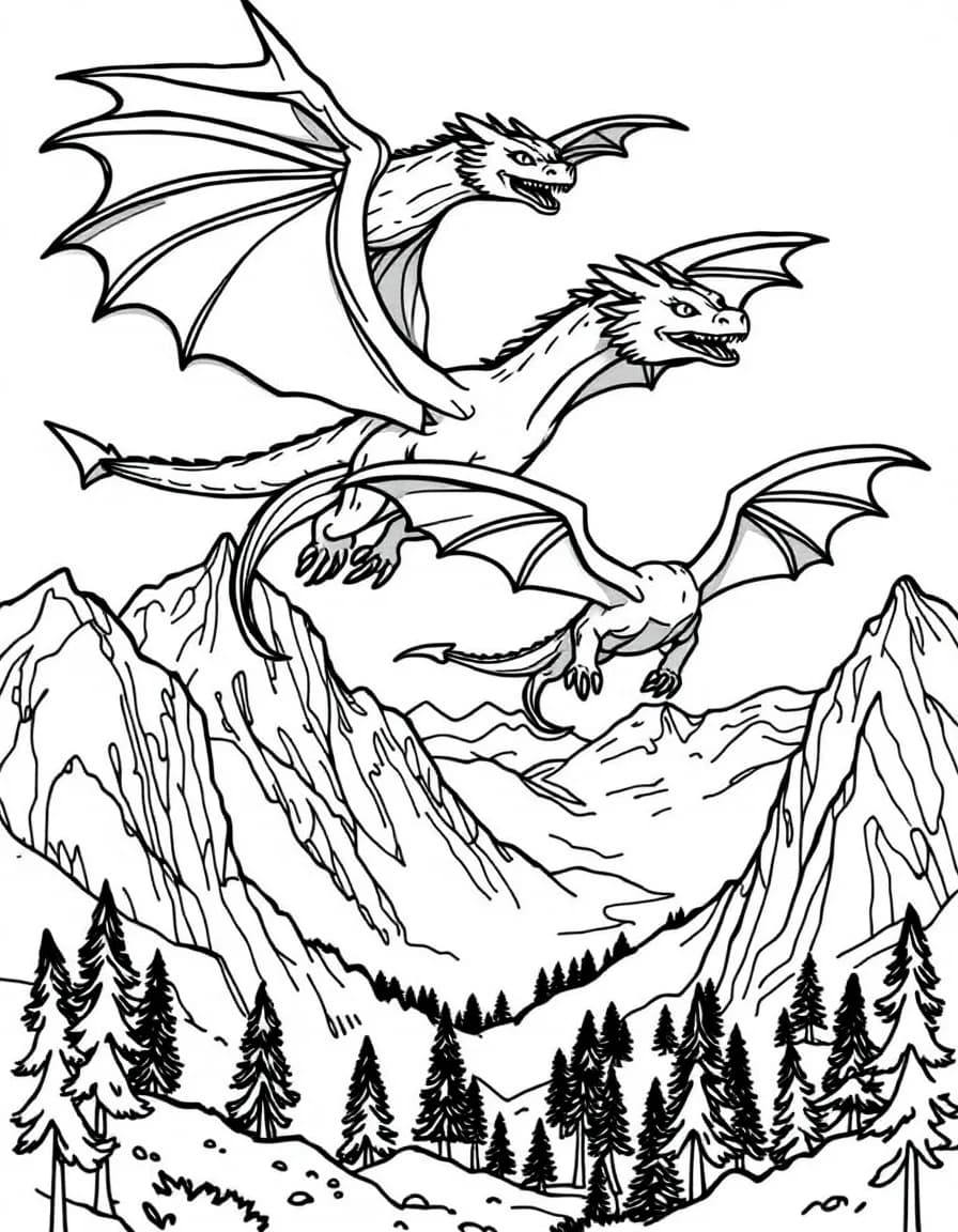 Coloriage Dragons - Volée de trois dragons majestueux volant en formation au-dessus de montagnes et vallées boisées, dessin simple.