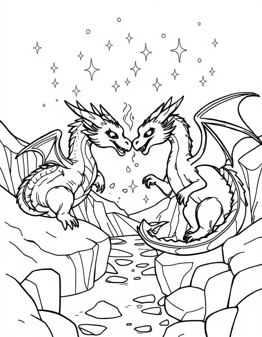 Coloriage Dragons - Dragon de feu et dragon de glace se saluant amicalement nez à nez au-dessus d'un canyon givré, contours nets.