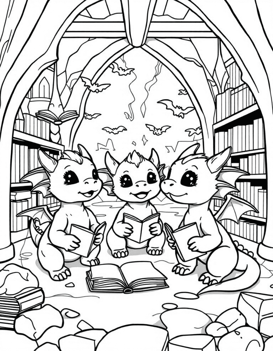 Coloriage Dragons - Trio de bébés dragons curieux explorant la bibliothèque d'un mage avec grimoires volants, contours nets.