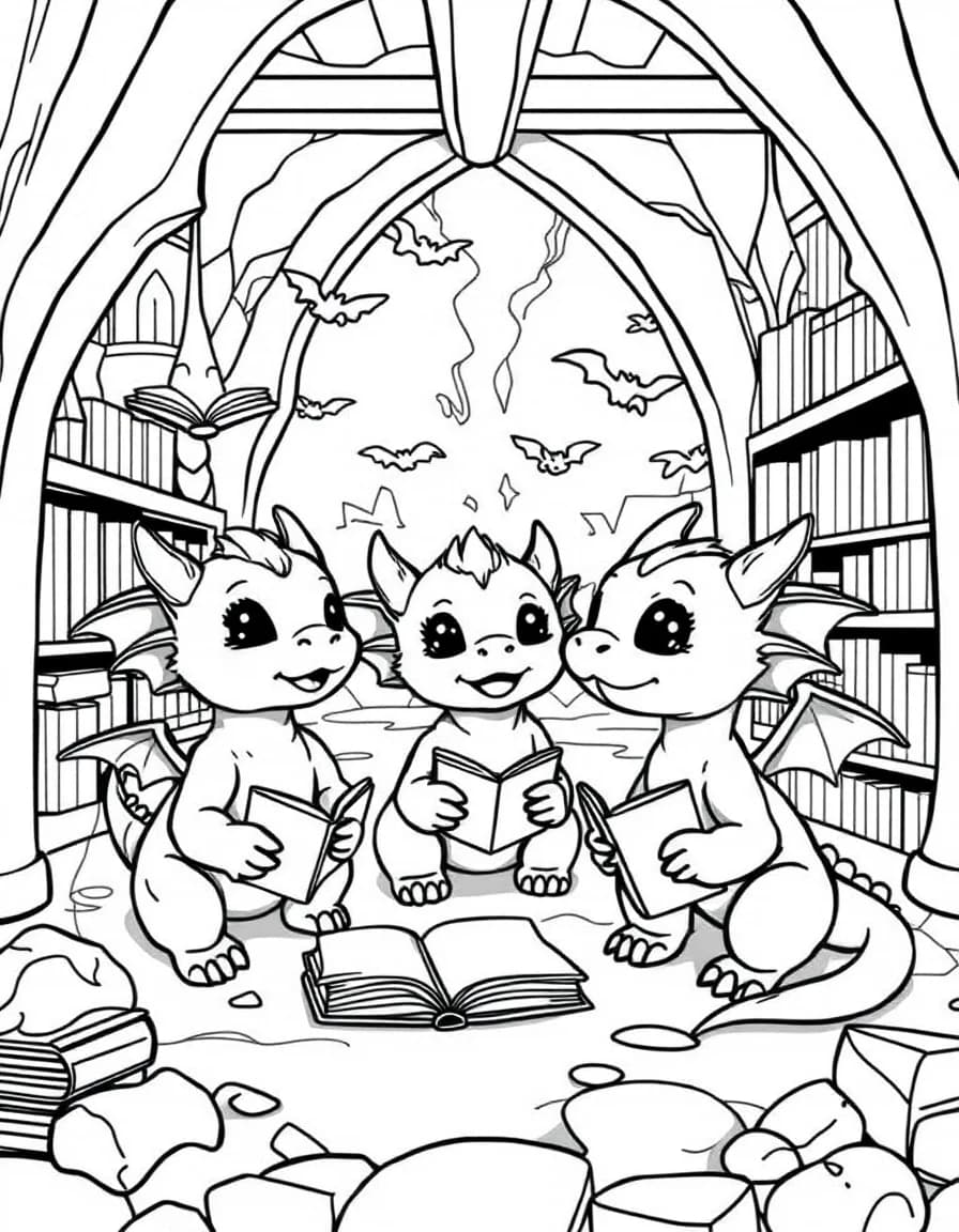 Coloriage Dragons - Trio de bébés dragons curieux explorant la bibliothèque d'un mage avec grimoires volants, contours nets.