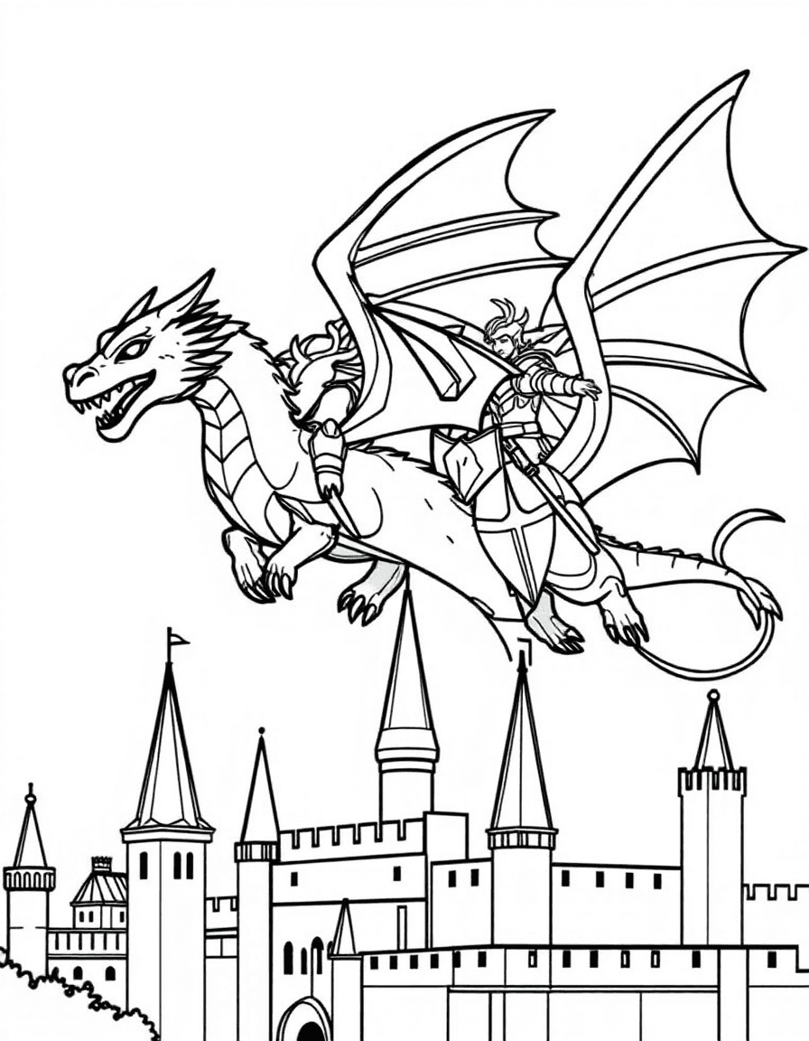 Coloriage Dragons - Deux cavaliers montant de grands dragons en vol côte à côte au-dessus des flèches d'un royaume, traits nets.