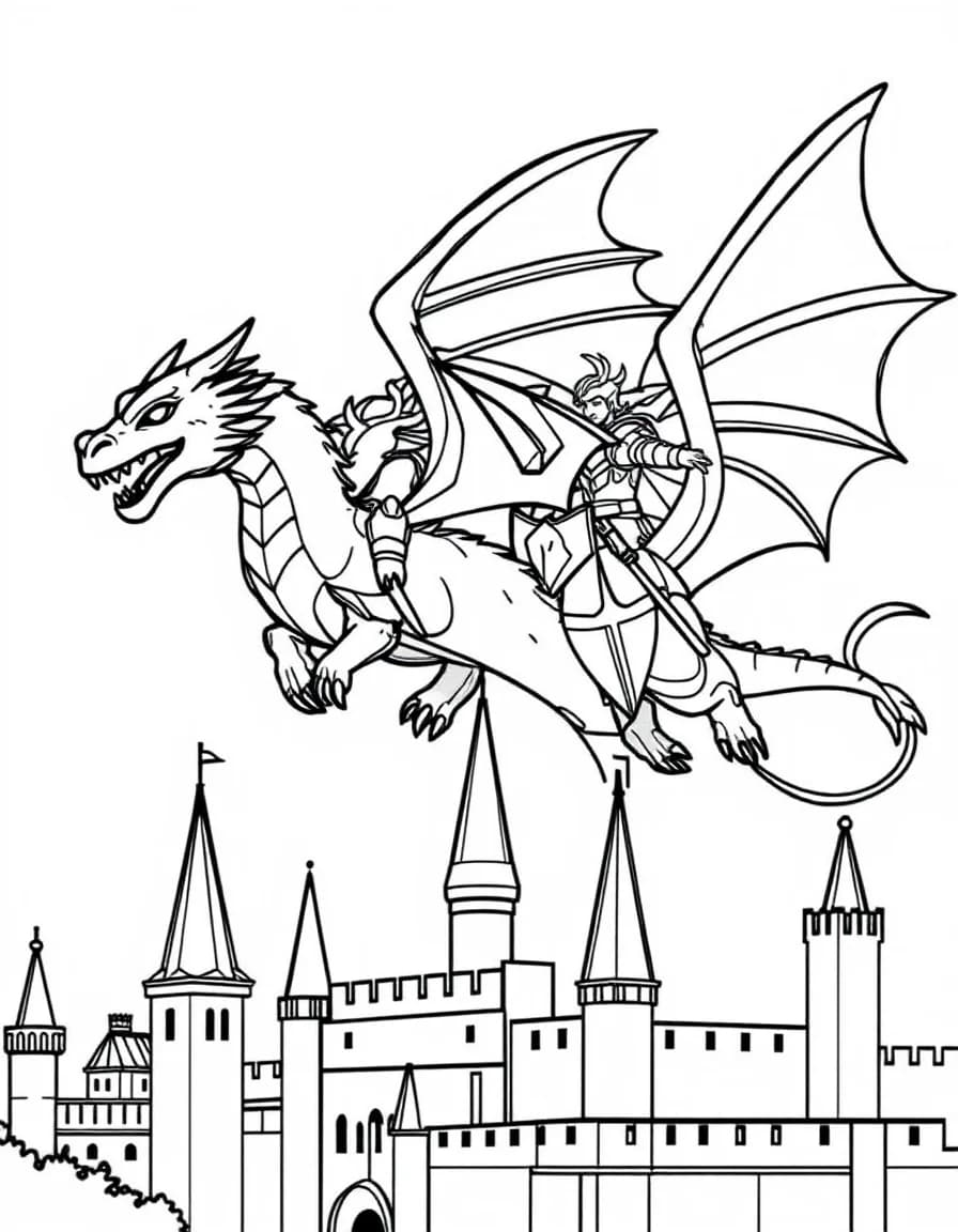 Coloriage Dragons - Deux cavaliers montant de grands dragons en vol côte à côte au-dessus des flèches d'un royaume, traits nets.