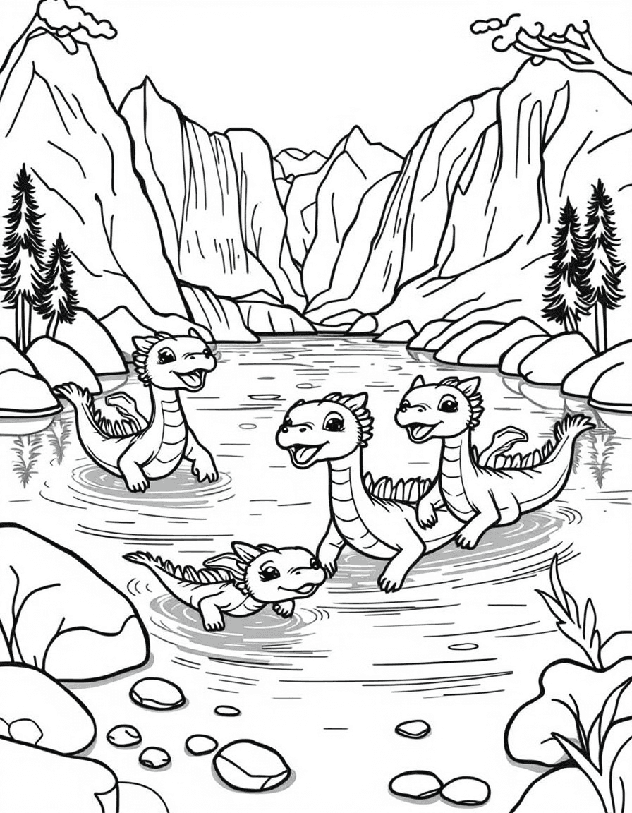 Coloriage Dragons - Famille de dragons des rivières nageant joyeusement dans un lac de montagne bordé de cascades, style facile.
