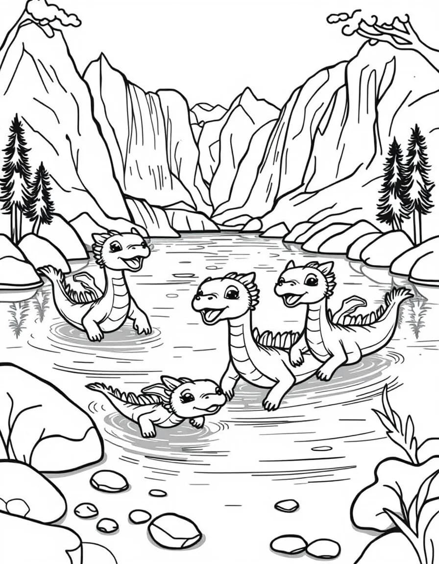 Coloriage Dragons - Famille de dragons des rivières nageant joyeusement dans un lac de montagne bordé de cascades, style facile.