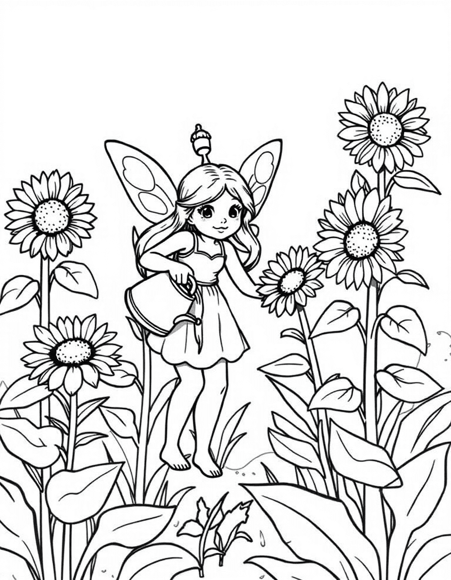 Coloriage Fée - Fée jardinière arrosant des tournesols géants avec un chapeau de gland dans un jardin de cottage, dessin simple.