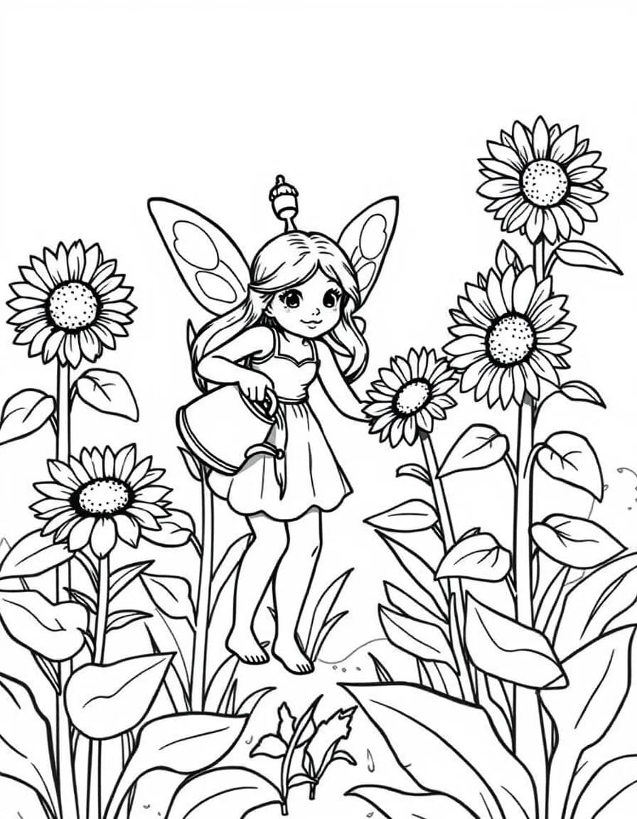 Coloriage Fée - Fée jardinière arrosant des tournesols géants avec un chapeau de gland dans un jardin de cottage, dessin simple.