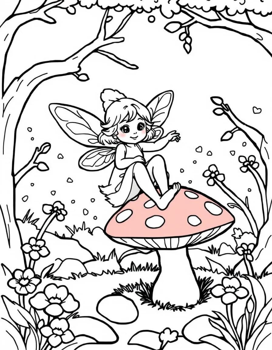 Coloriage Fée - Fée champignon assise sur un grand champignon à pois balançant ses jambes dans les sous-bois, contours nets.