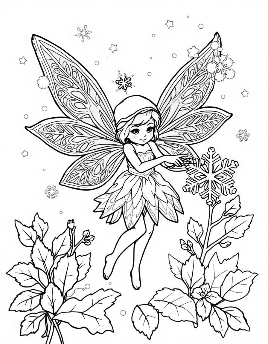 Coloriage Fée - Fée des glaces aux ailes cristallines dessinant des motifs de givre délicats sur les feuilles d'hiver, traits nets.