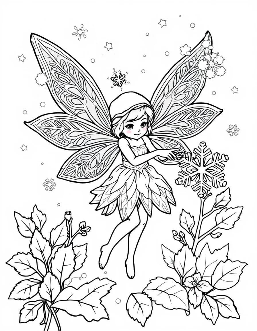Coloriage Fée - Fée des glaces aux ailes cristallines dessinant des motifs de givre délicats sur les feuilles d'hiver, traits nets.
