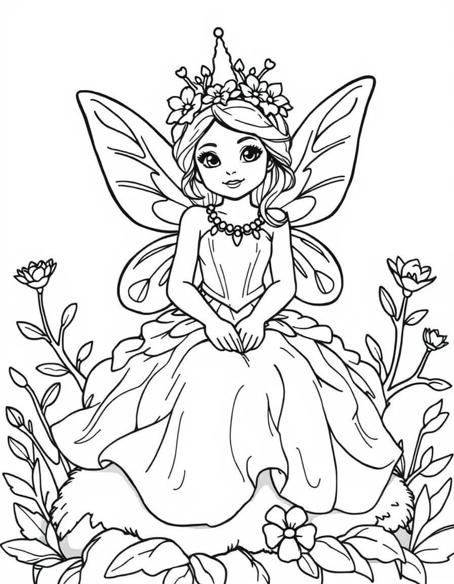Coloriage Fée - Princesse fée vêtue d'une robe en pétales de rose assise sur un trône de brindilles et mousse, style facile.