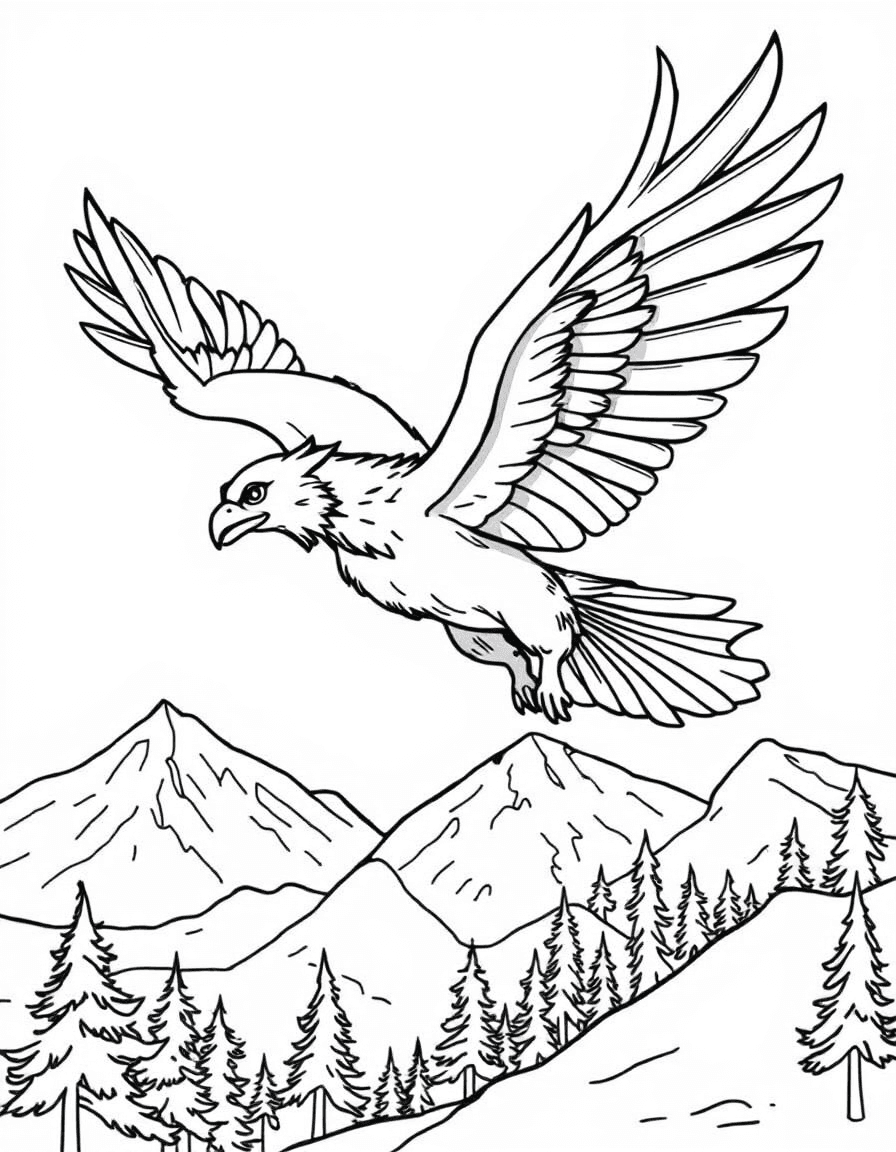 Coloriage Griffon - Griffon majestueux planant en plein vol avec ses grandes ailes au-dessus des sommets enneigés, dessin simple.